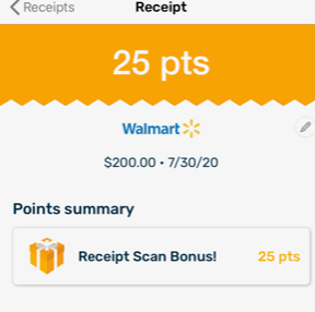 25 points per receipt in fetch rewards