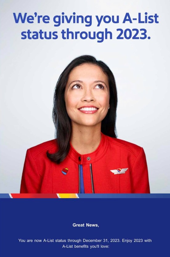 Free Southwest A-List Status For 2023