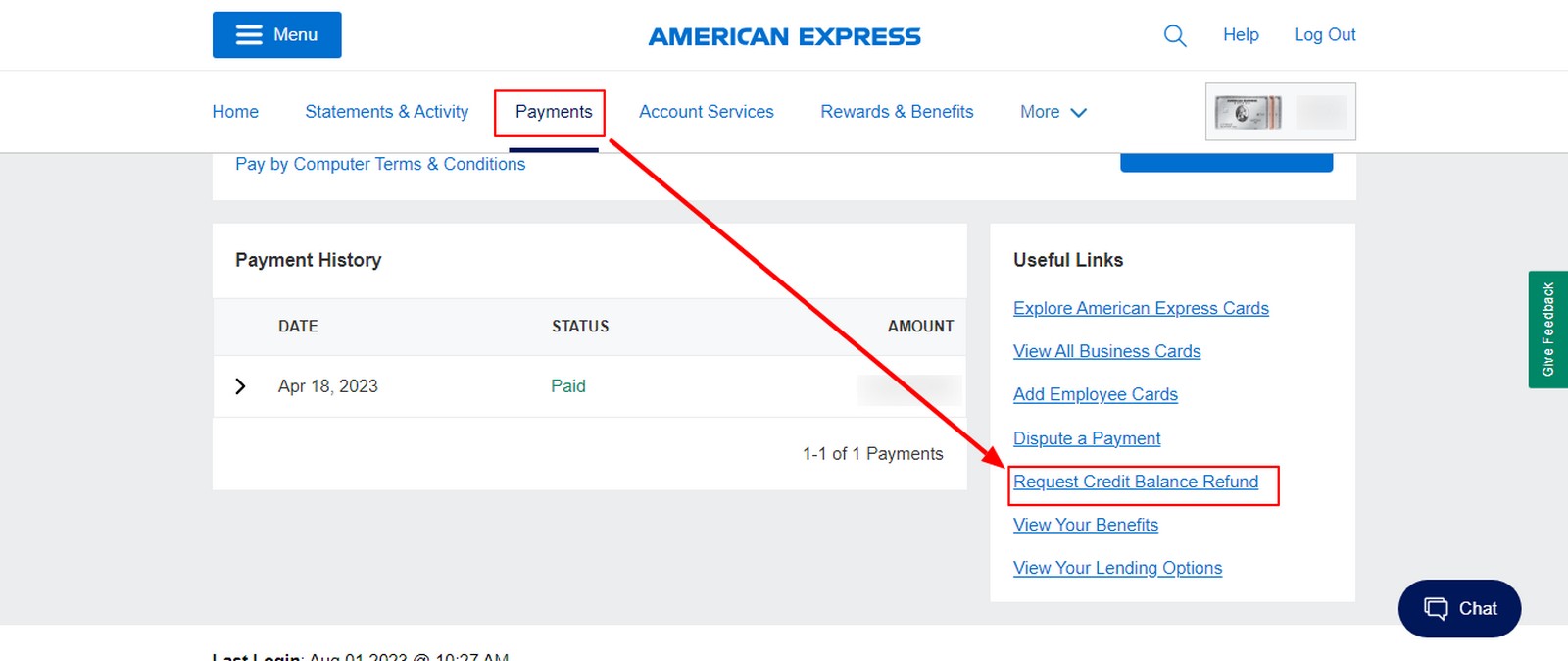 credit card negative balance refund amex