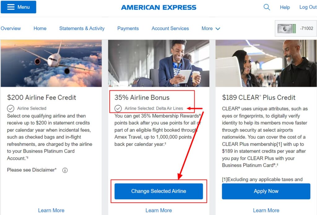 Change Your Amex Airline Fee Credit Selection