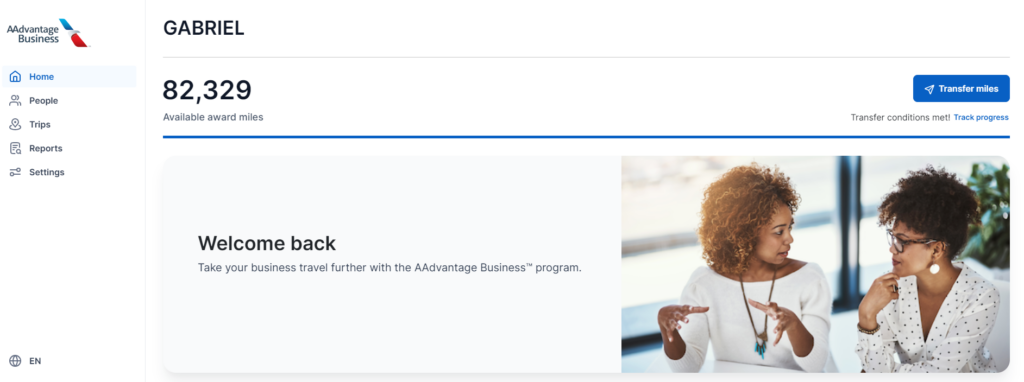 American Airlines AAdvantage Business Account homepage