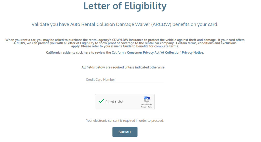 Collision Damage Waiver Enter Card Number
