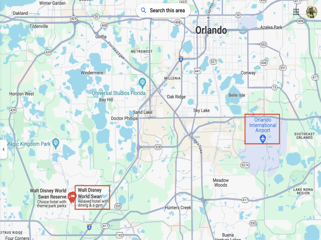 Map of Orlando featuring Walt Disney World Swan