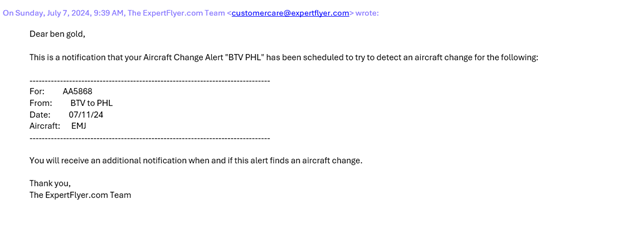 Expert Flyer Aircraft Change Alerts