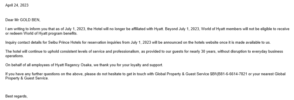 Hyatt Regency Osaka Compensation Issue Initial Notification