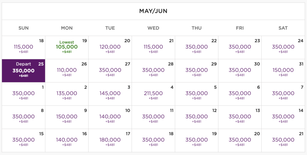 Virgin Atlantic Calendar view