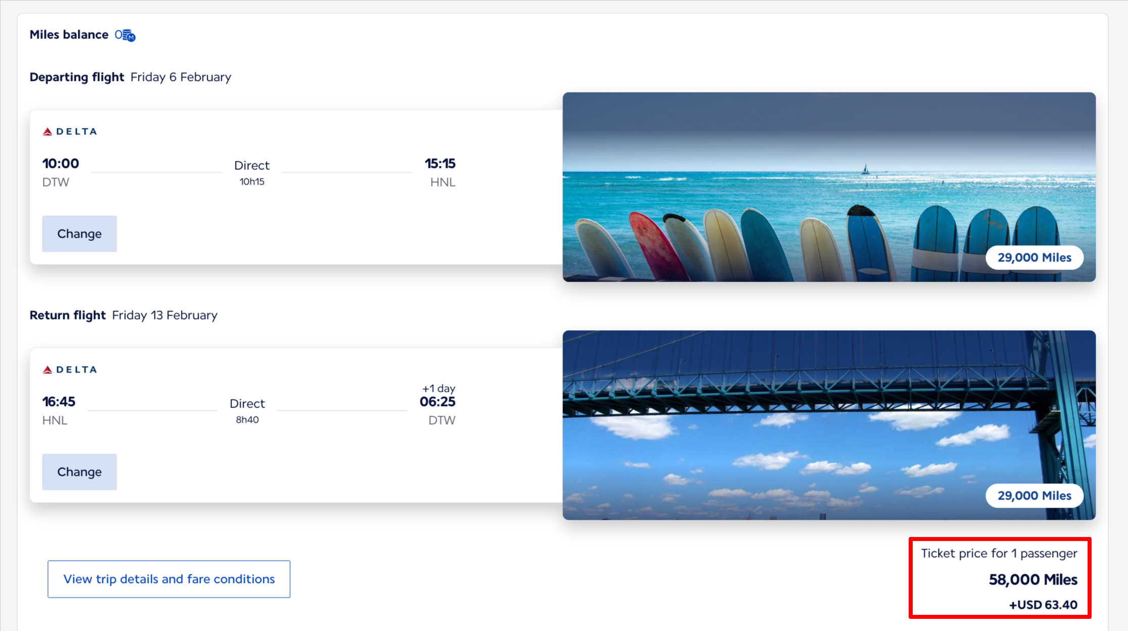 Roundtrip Delta flight from Detroit to Honolulu for 58,000 miles