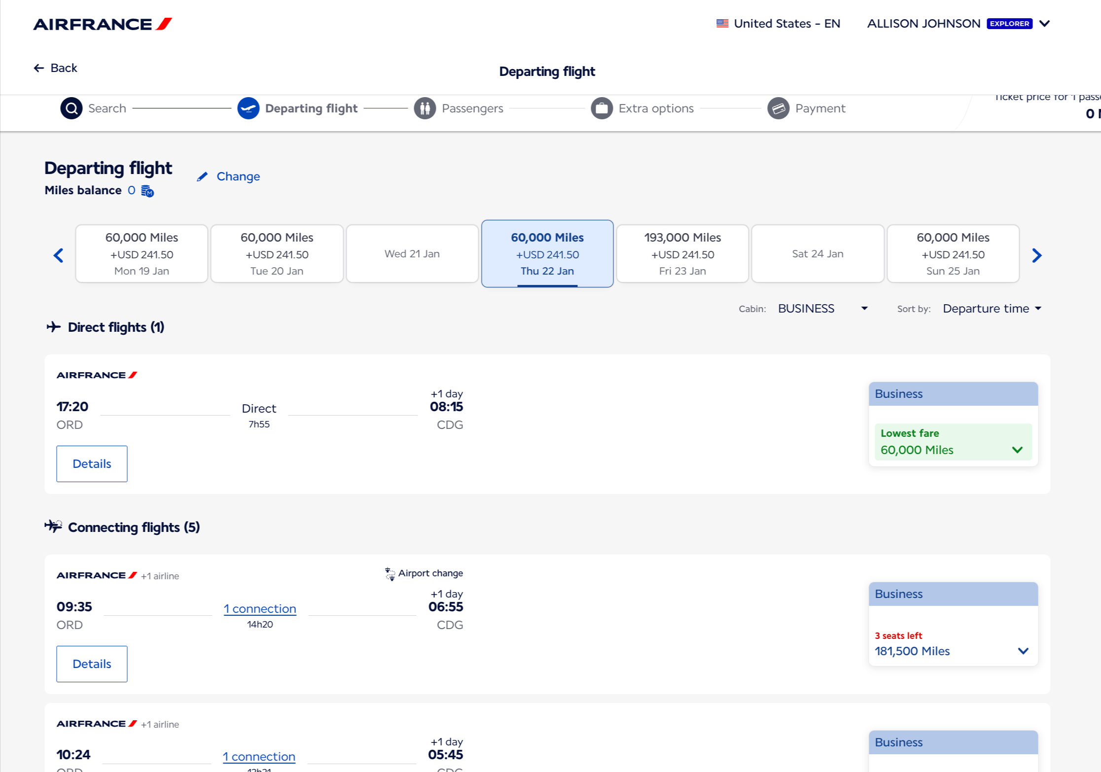 Flying Blue award search for a flight from Chicago to Paris in business class for 60,000 miles