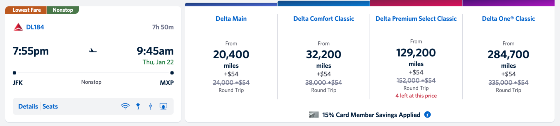 A Delta flight from New York to Milan for 20,400 SkyMiles roundtrip