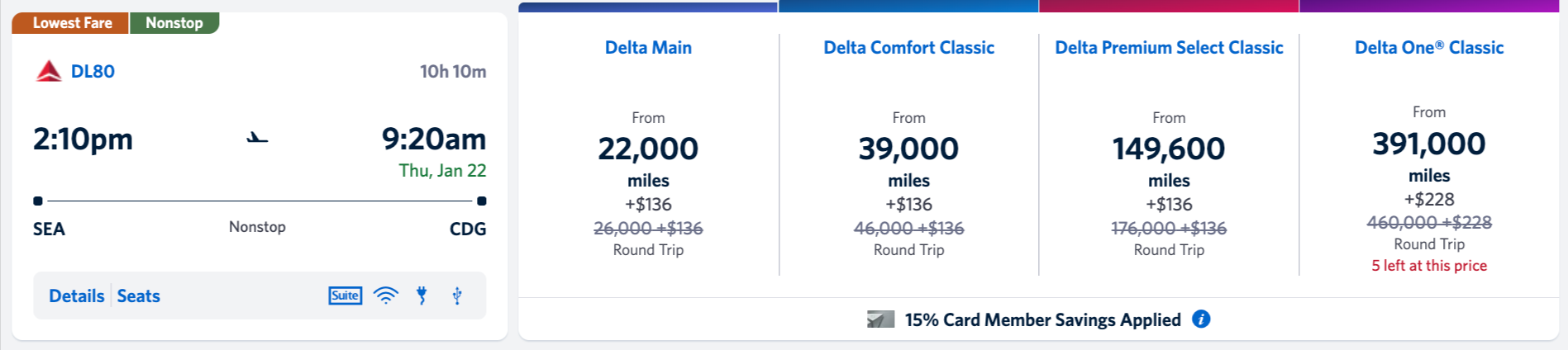 Delta flight from Seattle to Paris for 22,000 SkyMiles roundtrip