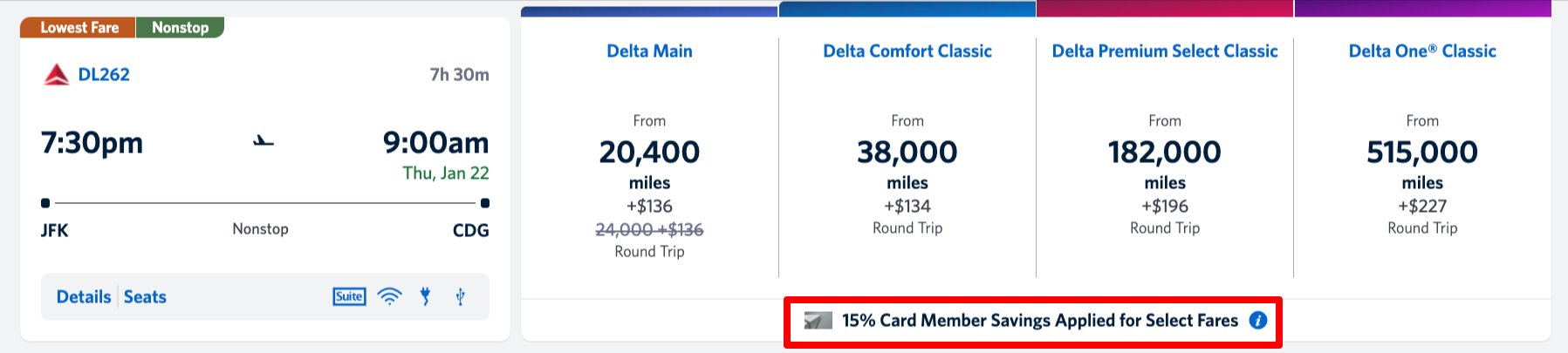 Delta SkyMiles Europe flash sale rates with the 15% card member savings applied