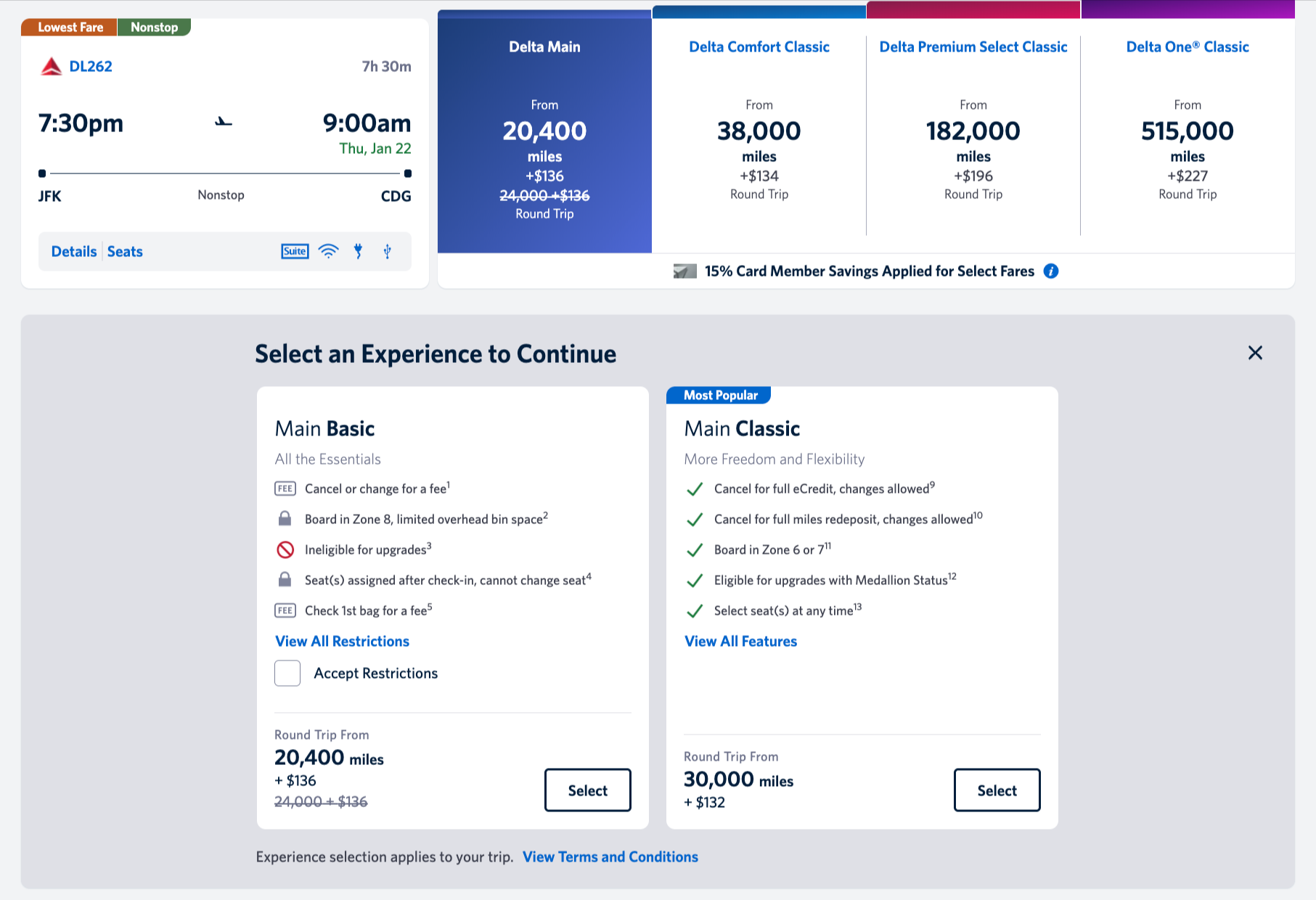 Delta SkyMiles prices for a flight from New York to Paris