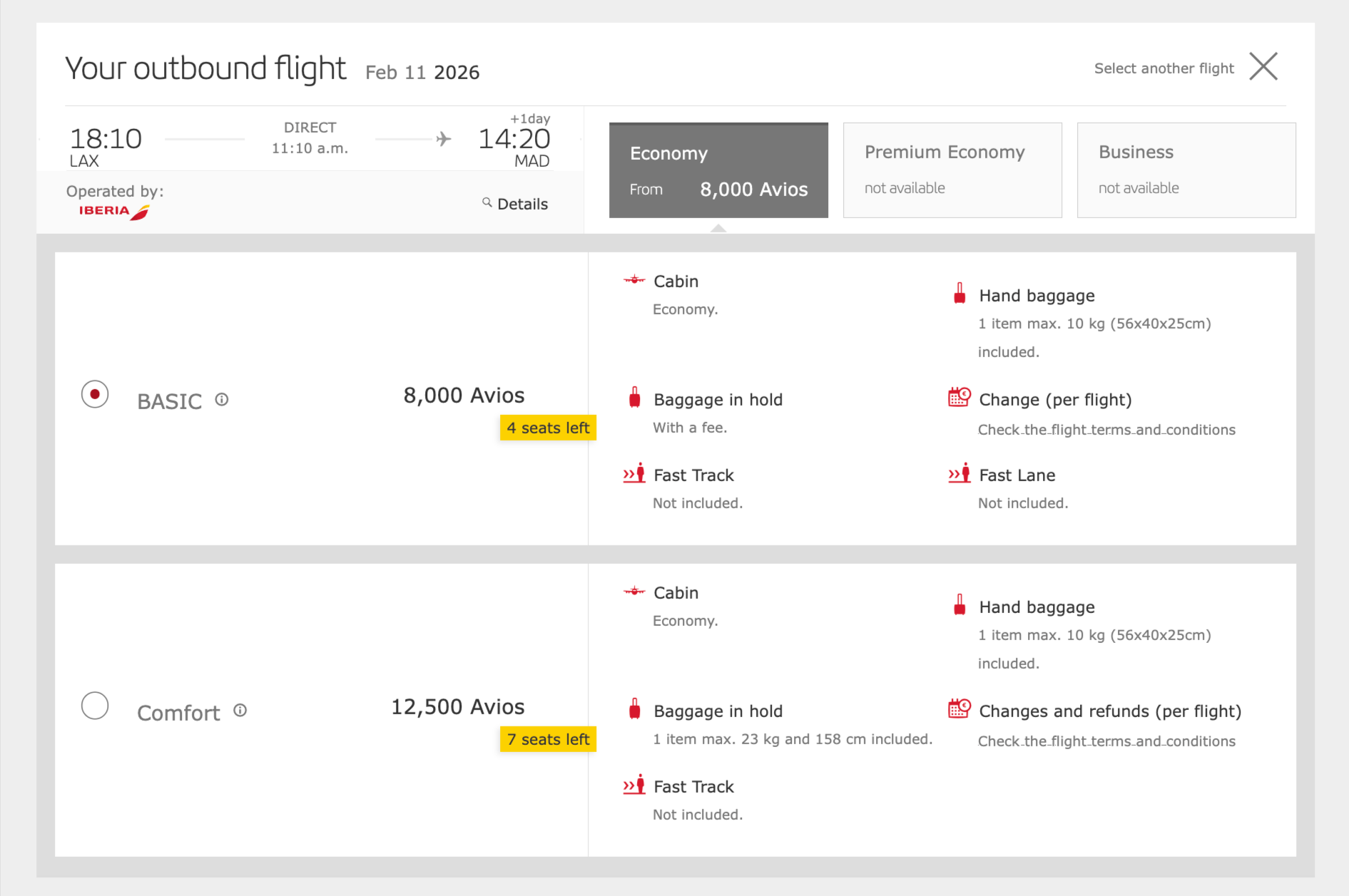 Iberia award flight from Los Angeles to Madrid for 8,000 Avios