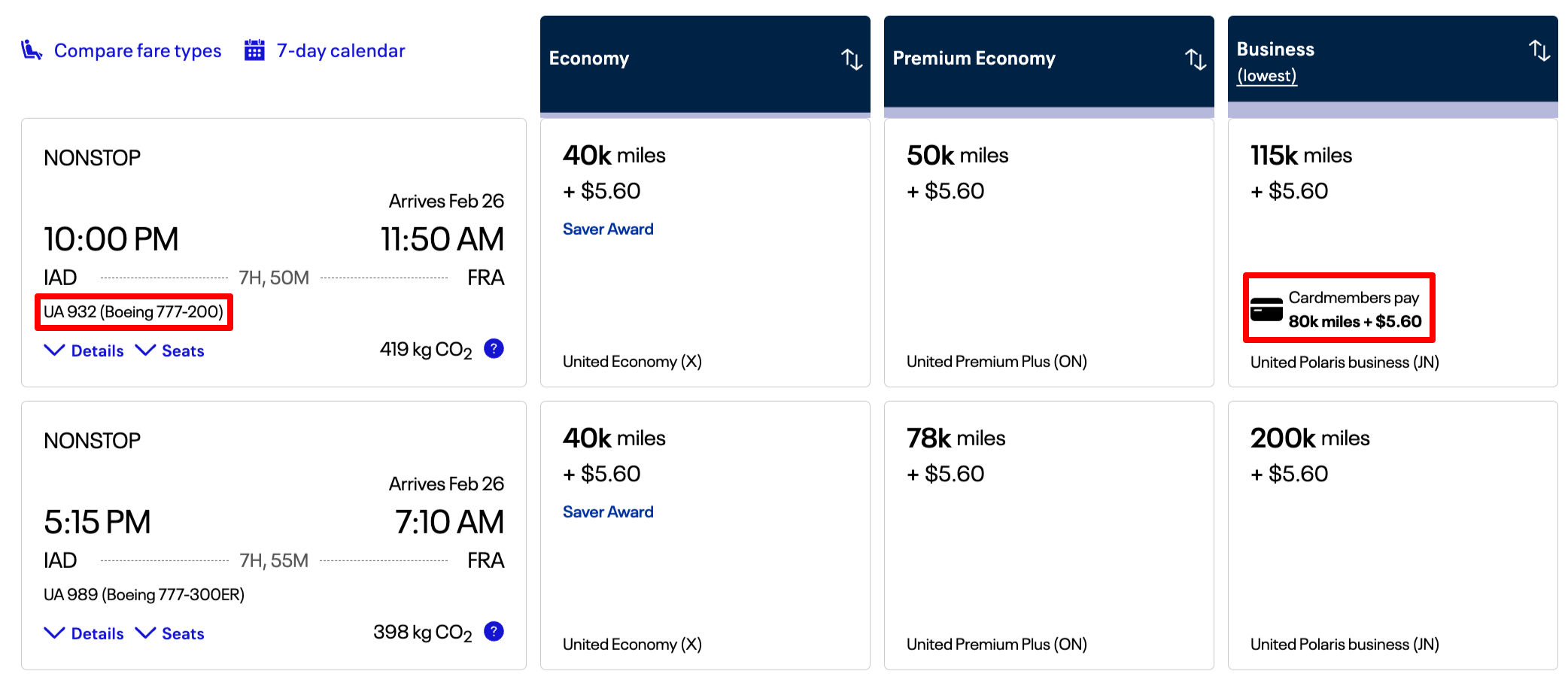 United Airlines cardholder discount for an award flight from Washington, D.C. to Frankfurt