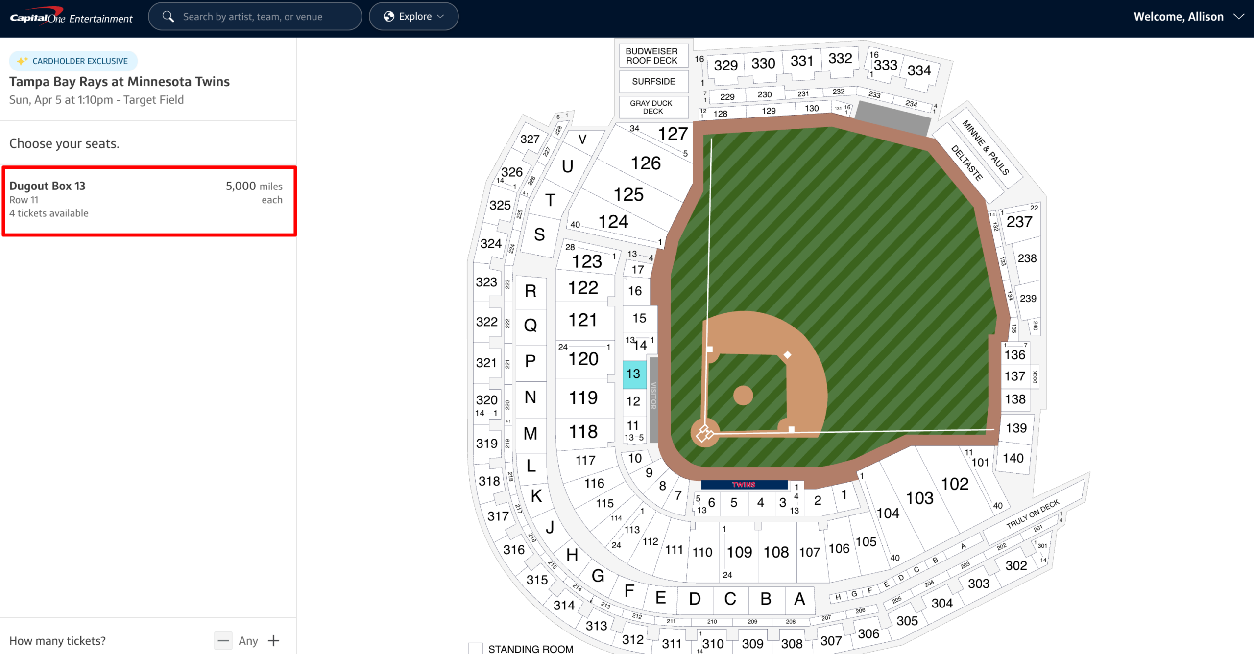 Capital One lower-level MLB tickets available for 5,000 miles for an April 5 Minnesota Twins game. 