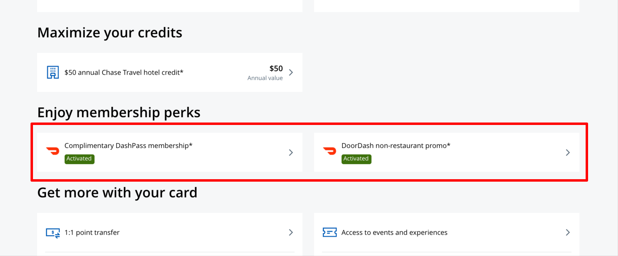 Chase card benefits page showing DashPass subscription activated
