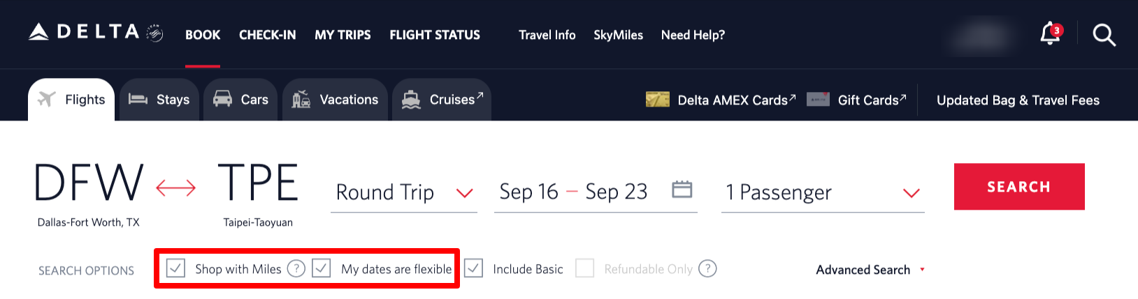 Delta flight search page with Shop with Miles and My Dates are Flexible selected