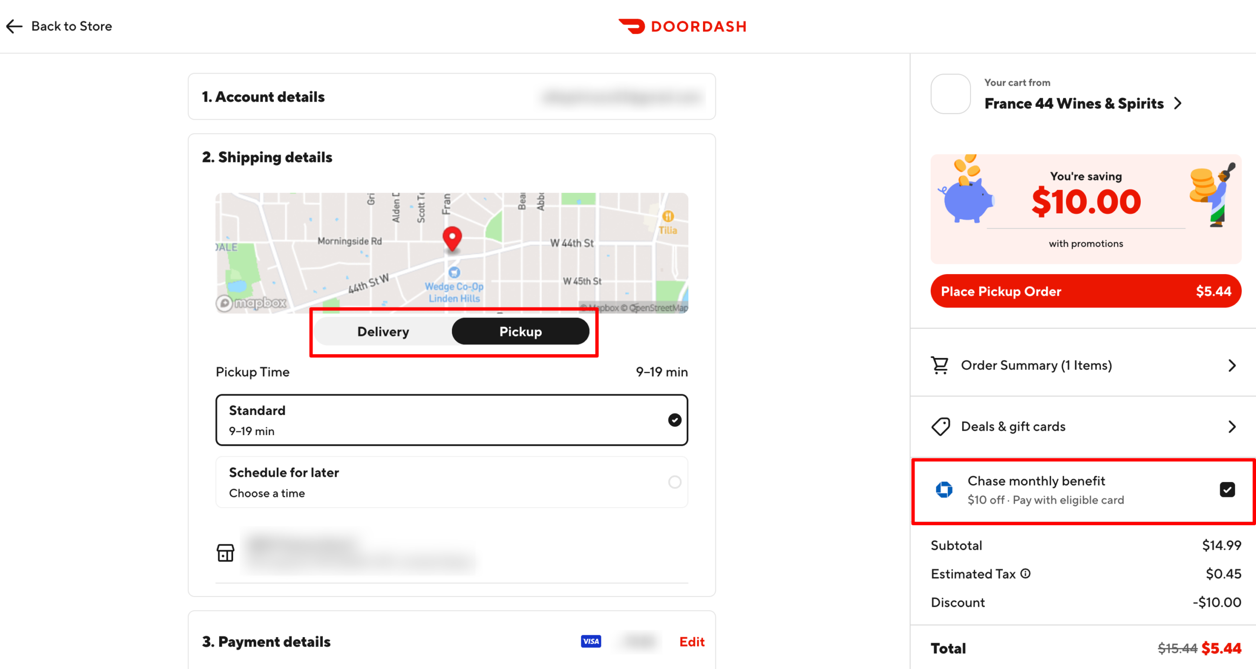 DoorDash pickup option at checkout with the Chase Sapphire Preferred $10 credit applied