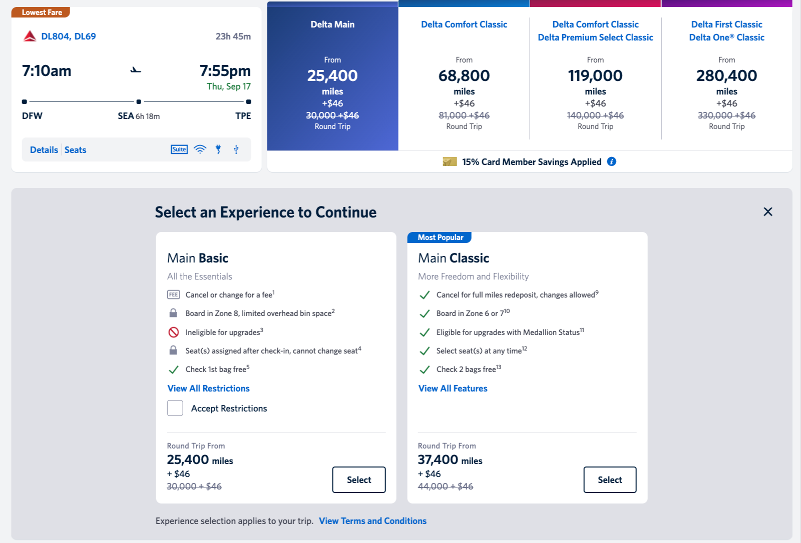 Delta Main Basic versus Main Classic award ticket