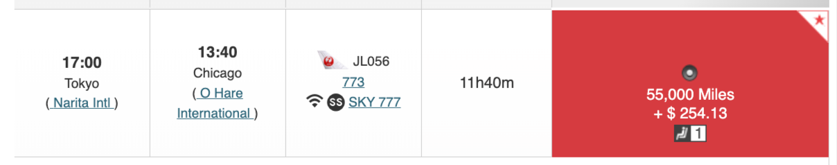 Japan Airlines flight from Tokyo to Chicago for 55,000 miles in business class