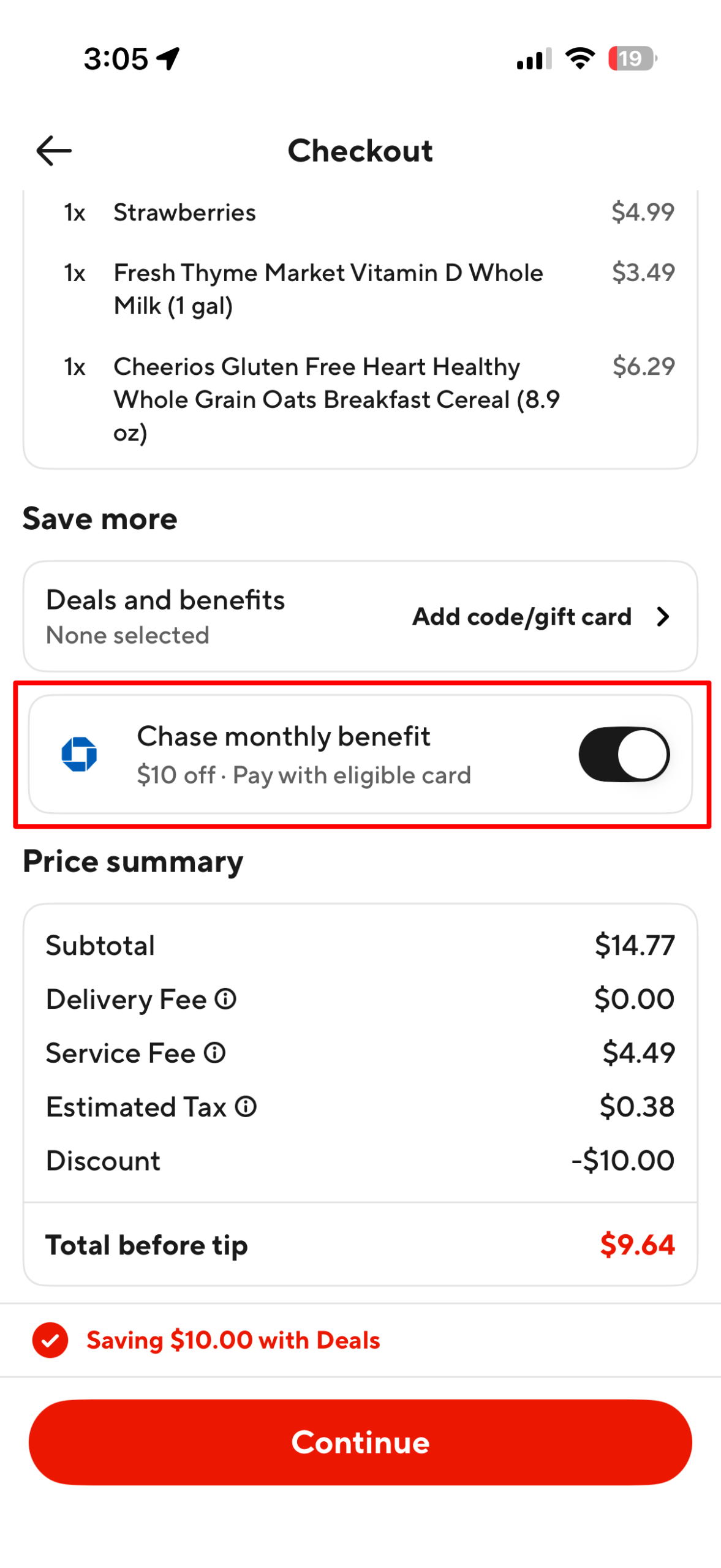 Applying Chase $10 credit on a DoorDash order