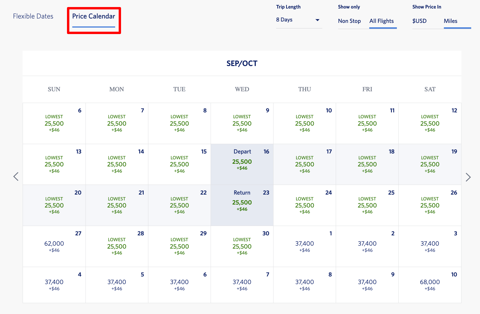 Delta price calendar