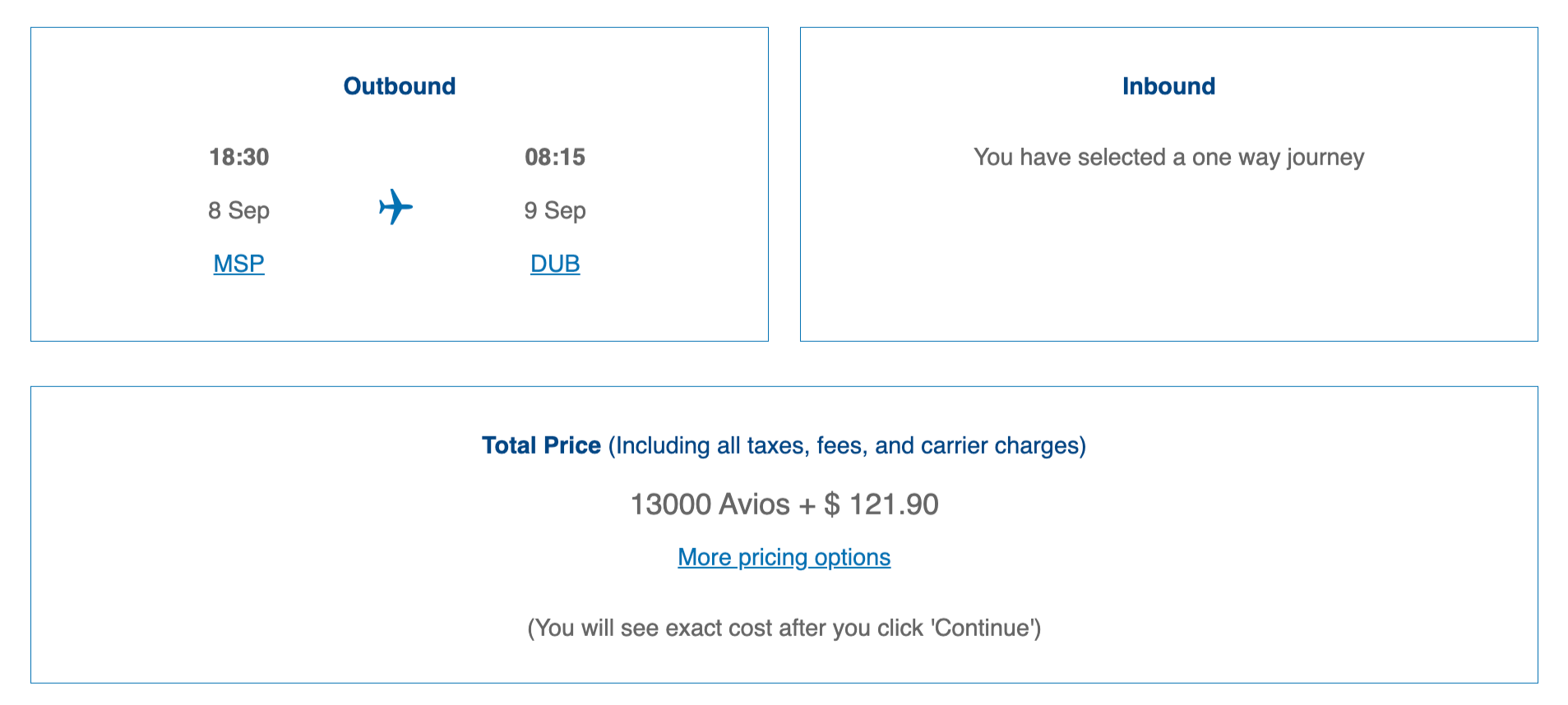 British Airways award flight from Minneapolis to Dublin for 13,000 Avios one-way