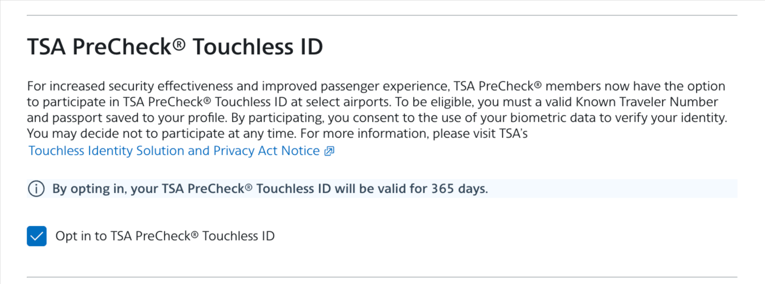opt in to TSA PreCheck Touchless ID on American Airlines