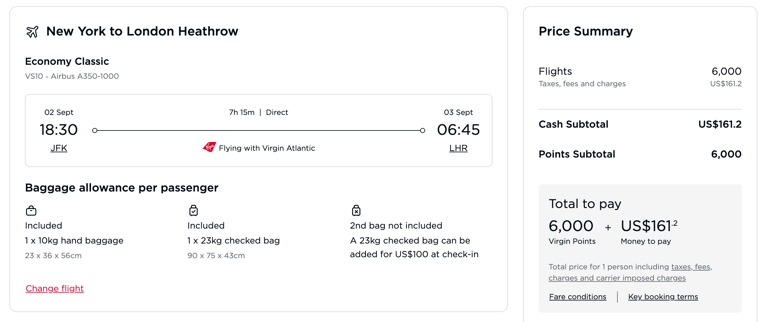 Virgin Atlantic award booking for a flight from New York to London for 6,000 points plus taxes and fees.