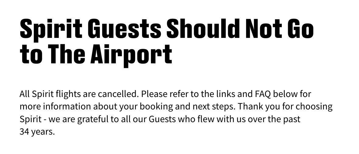 Spirit Airlines message on its website to travelers about the shut down.