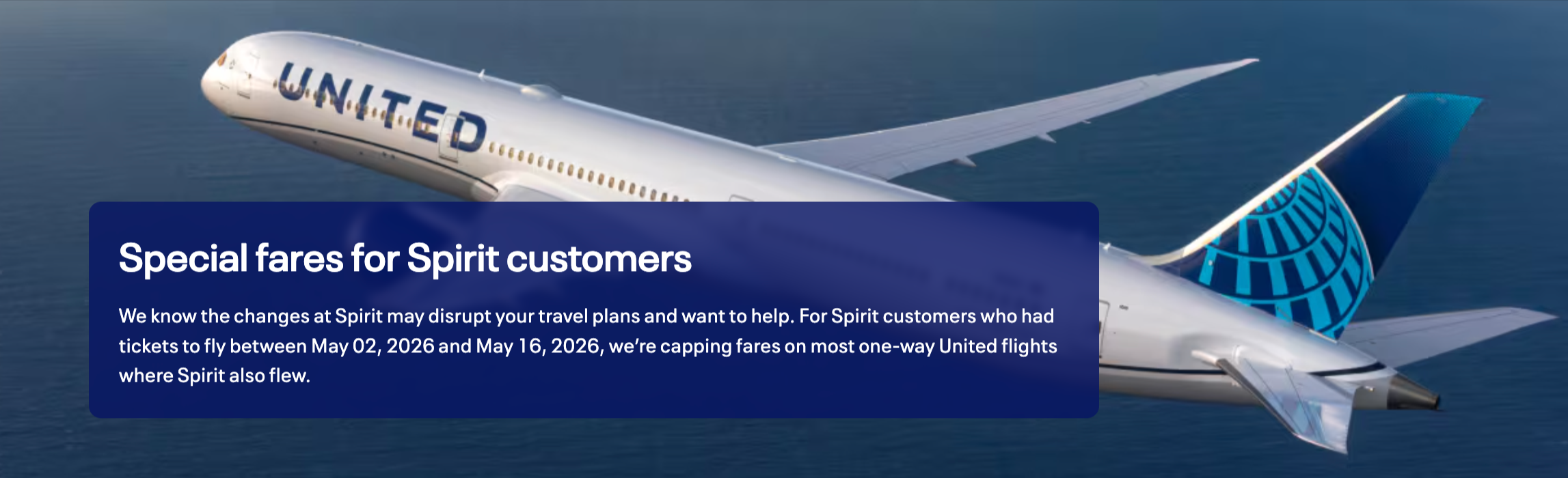 United Airlines message for Spirit Airlines passengers with canceled flights.