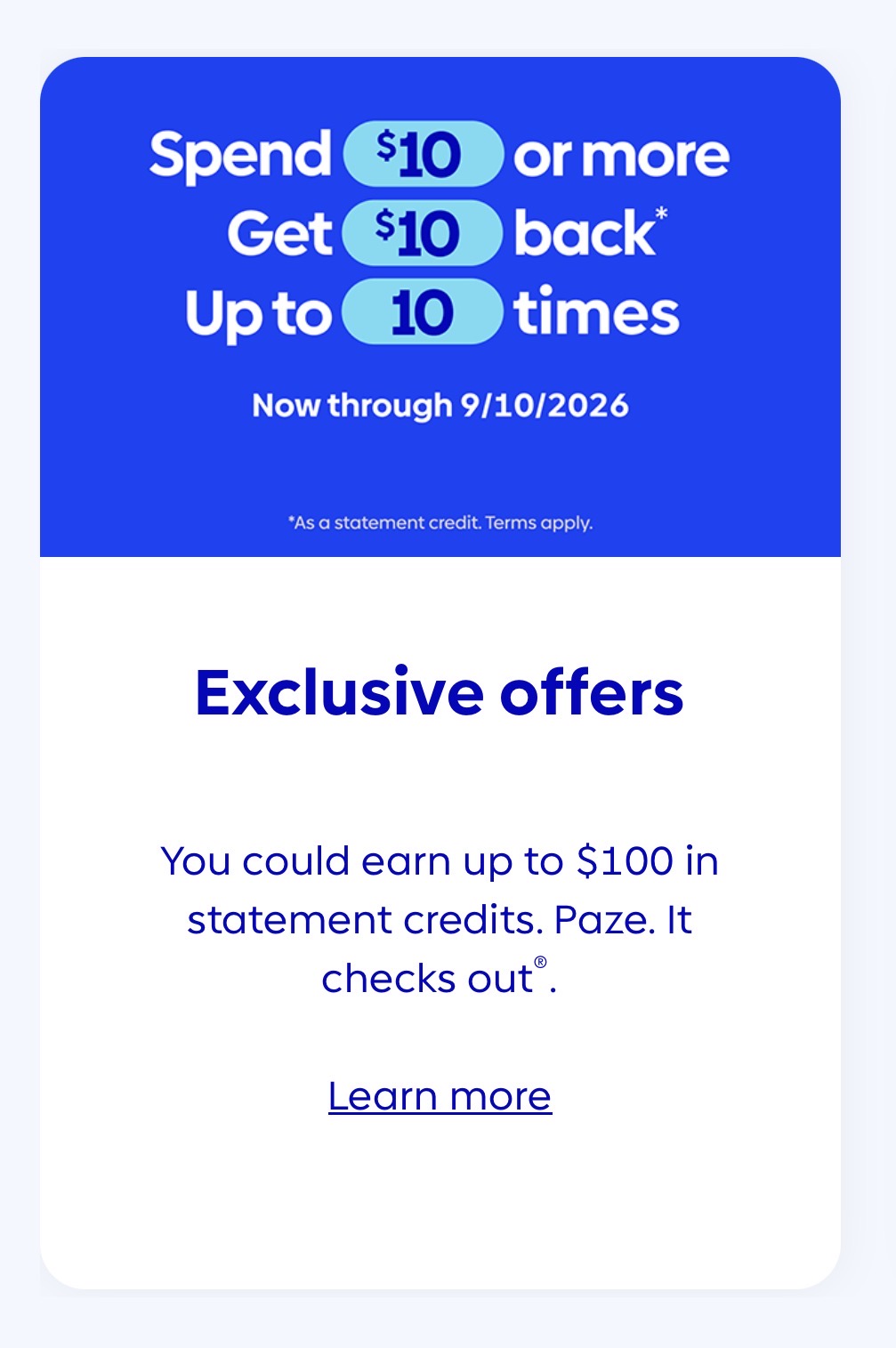 New $10 Off $10 Paze Offer