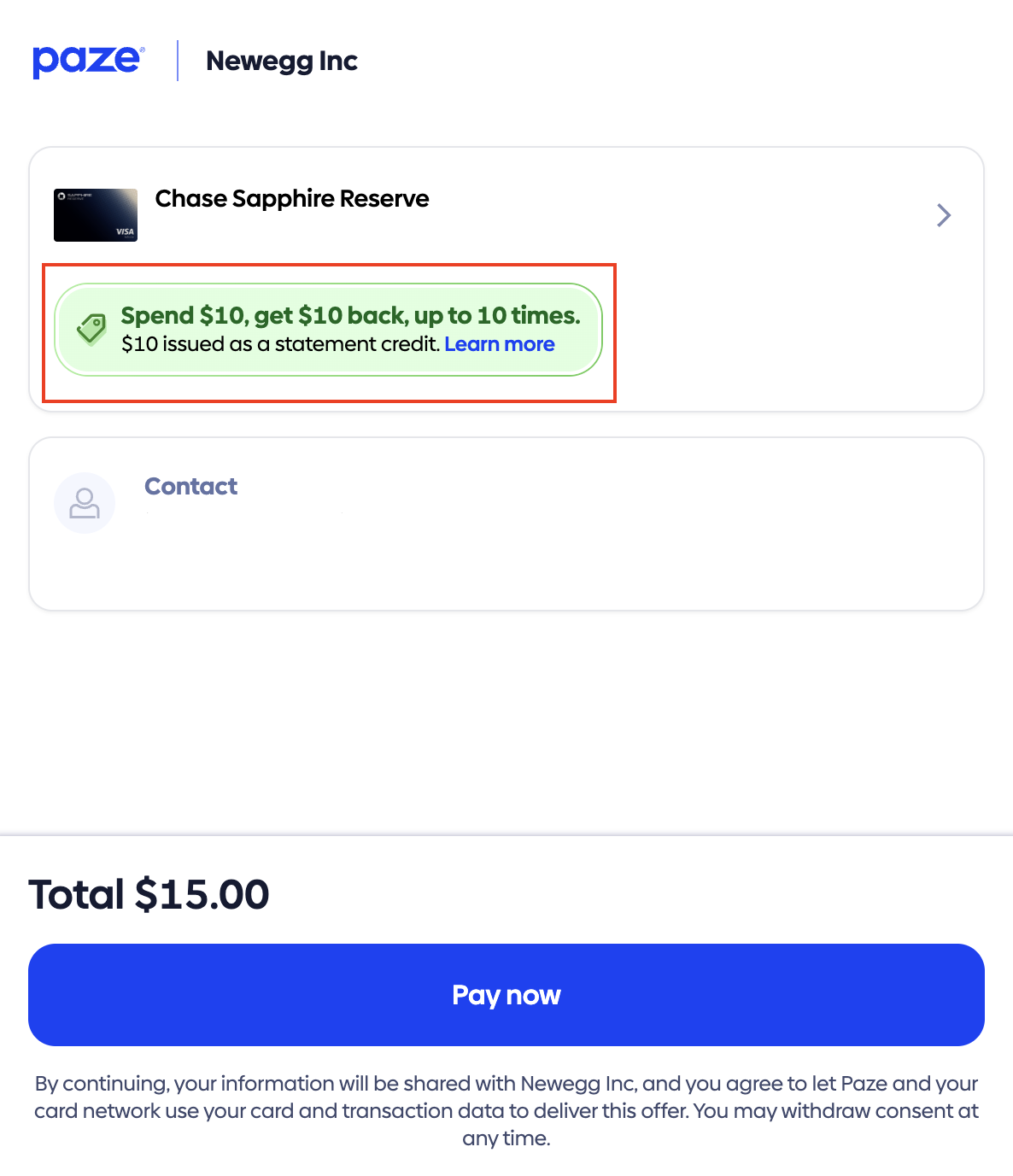 New $10 Off $10 Paze Offer