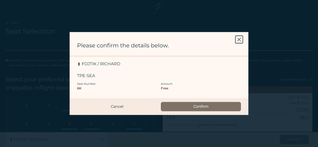 Starlux Airlines Seat Selection