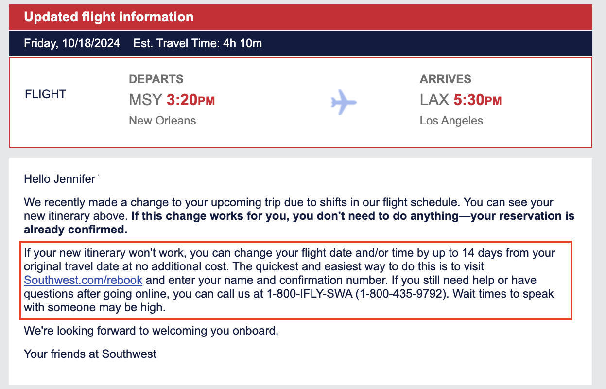Southwest Schedule Change Policy