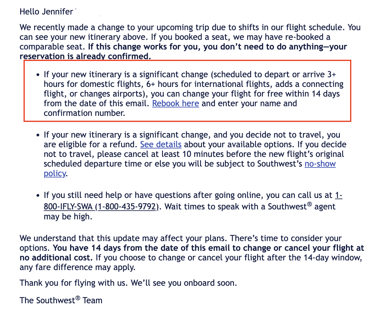 Southwest Schedule Change Policy