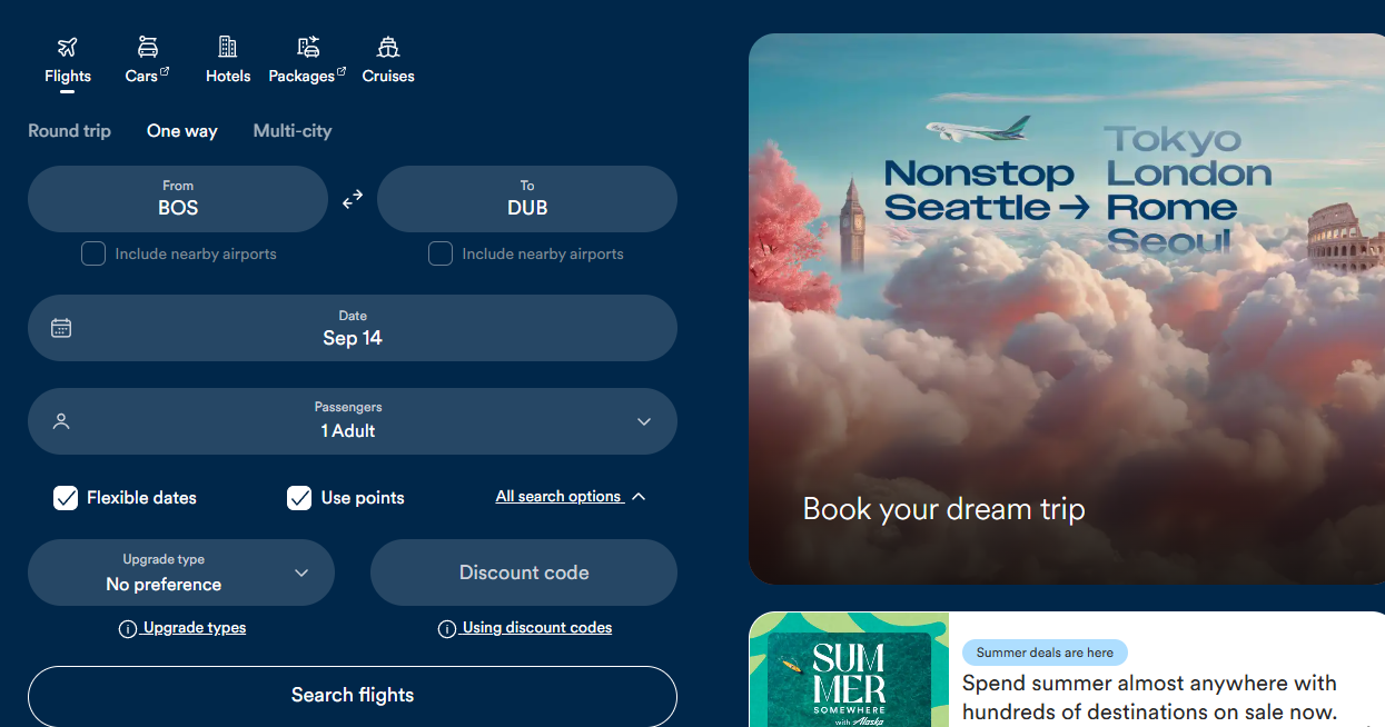 Alaska Airlines Flexible Calendar Search