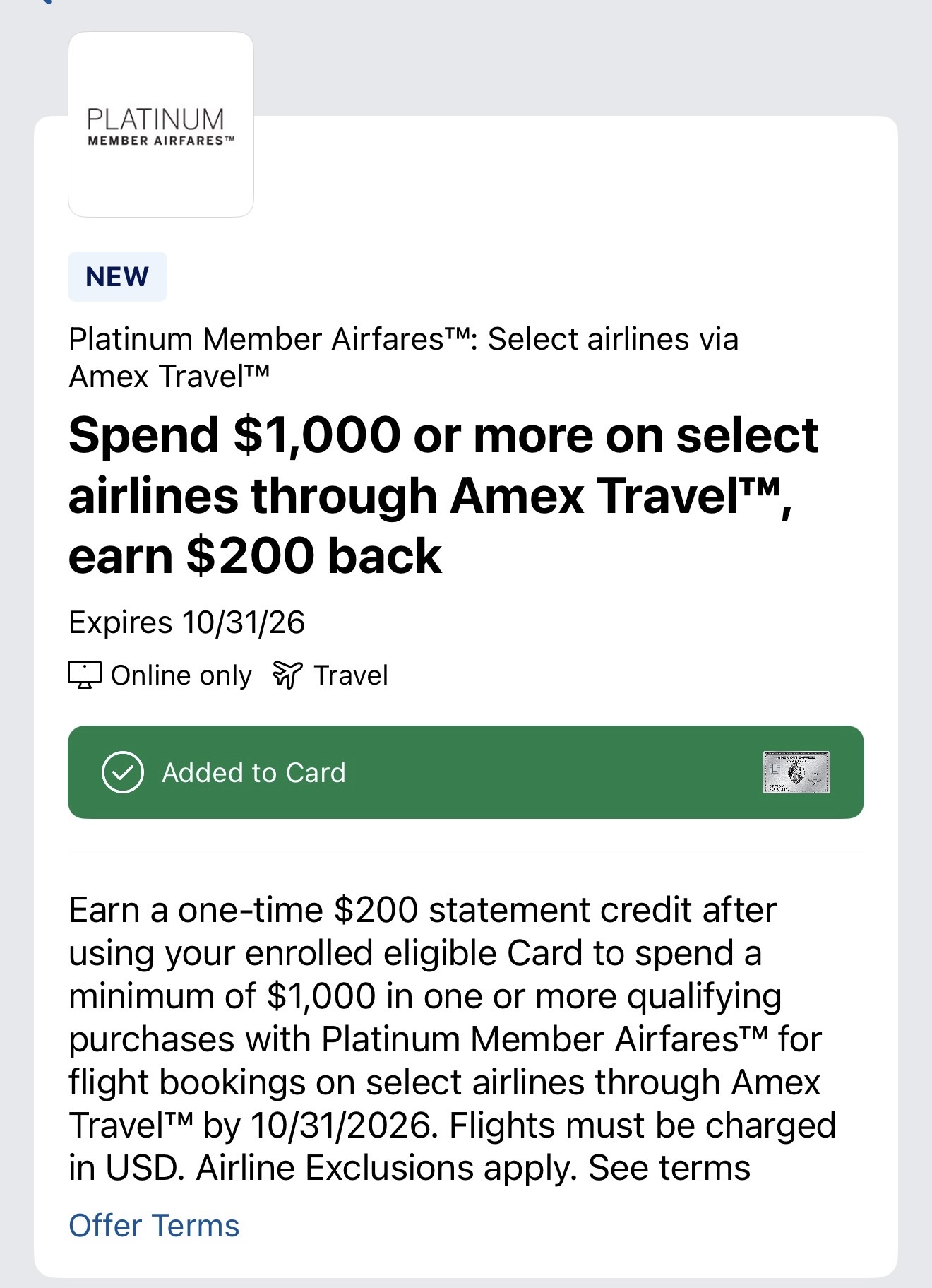 New Platinum Member Airfares Amex Offer