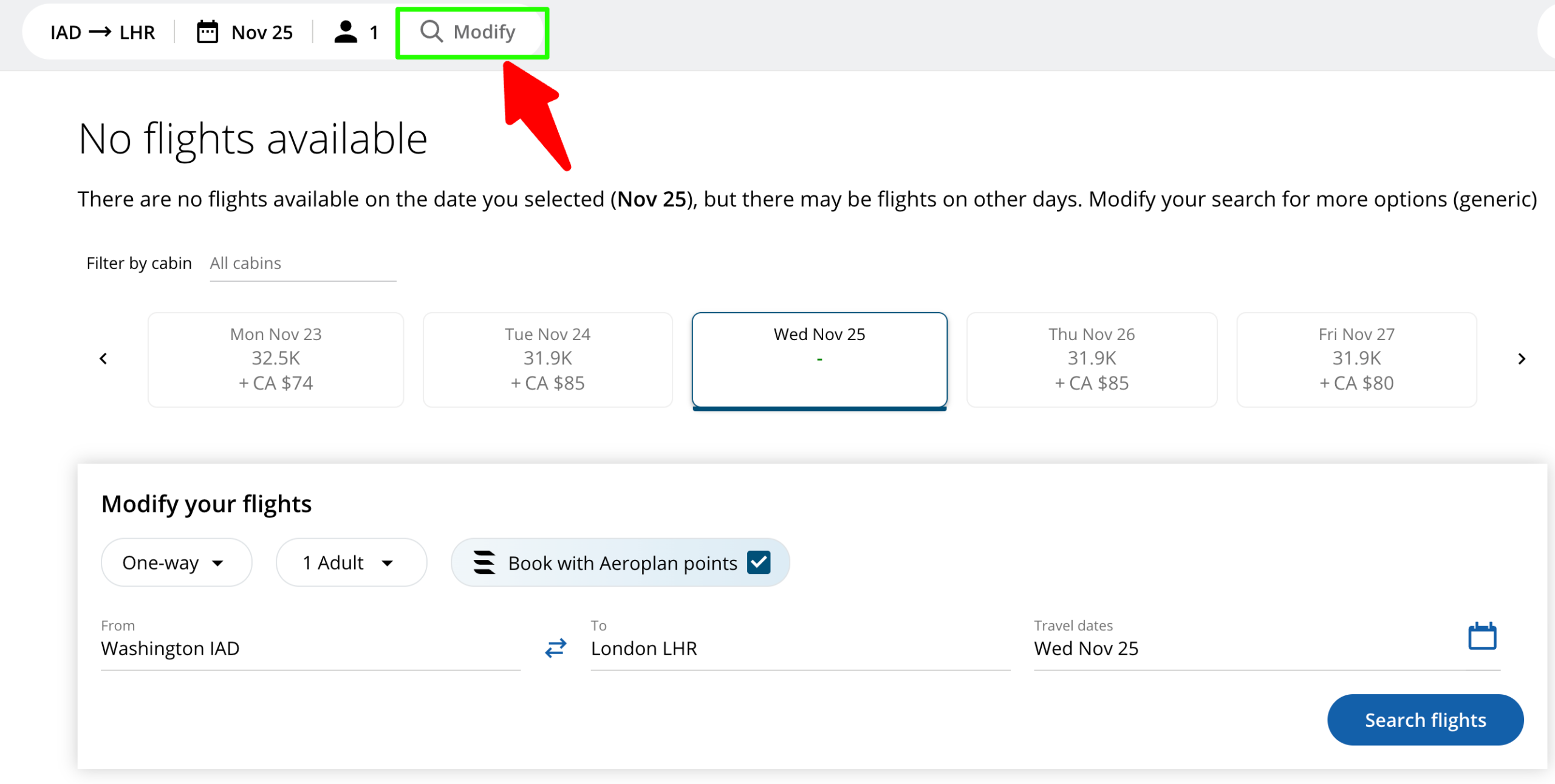 Aeroplan Award Search Issues