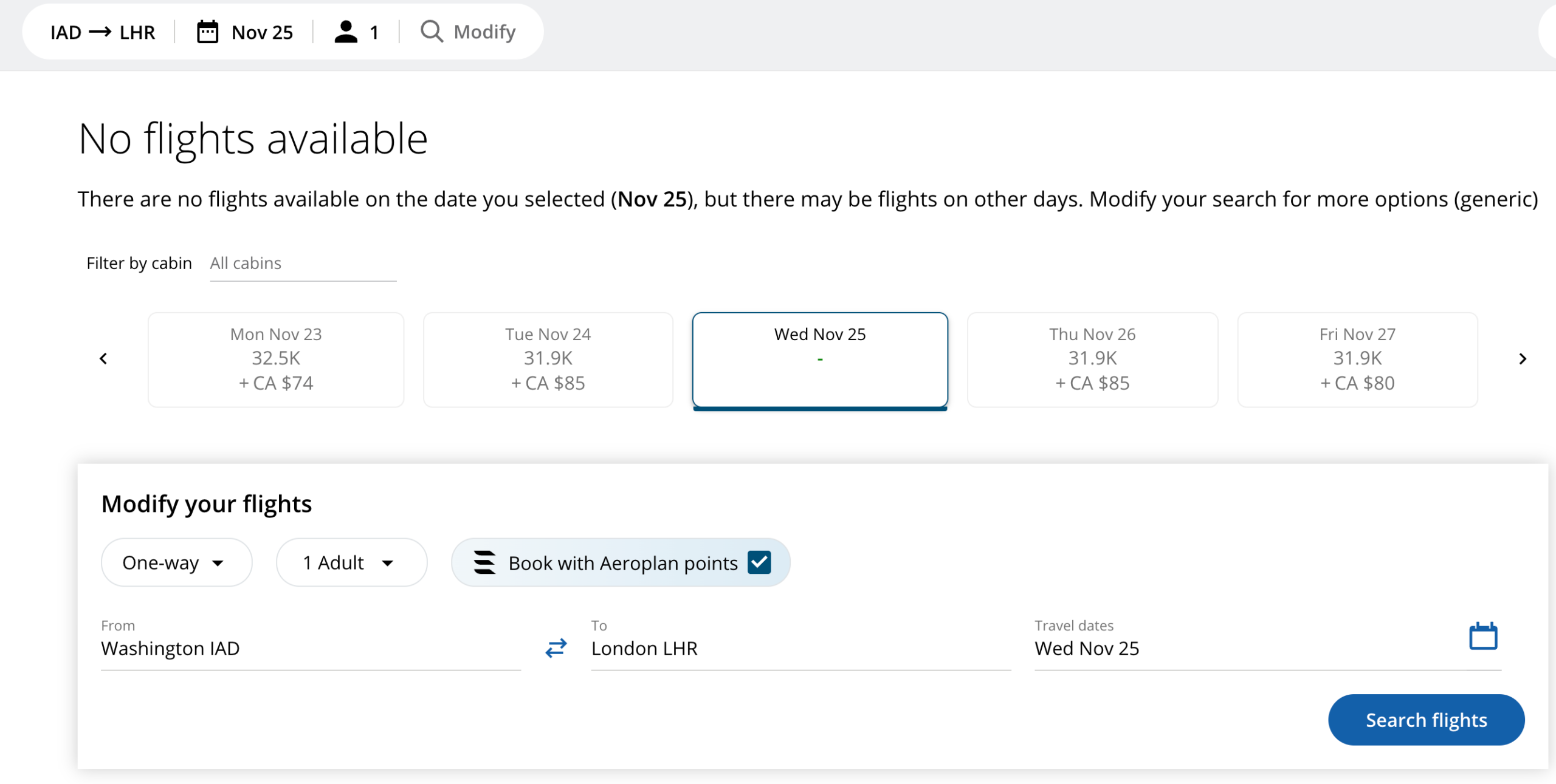 Aeroplan Award Search Issues
